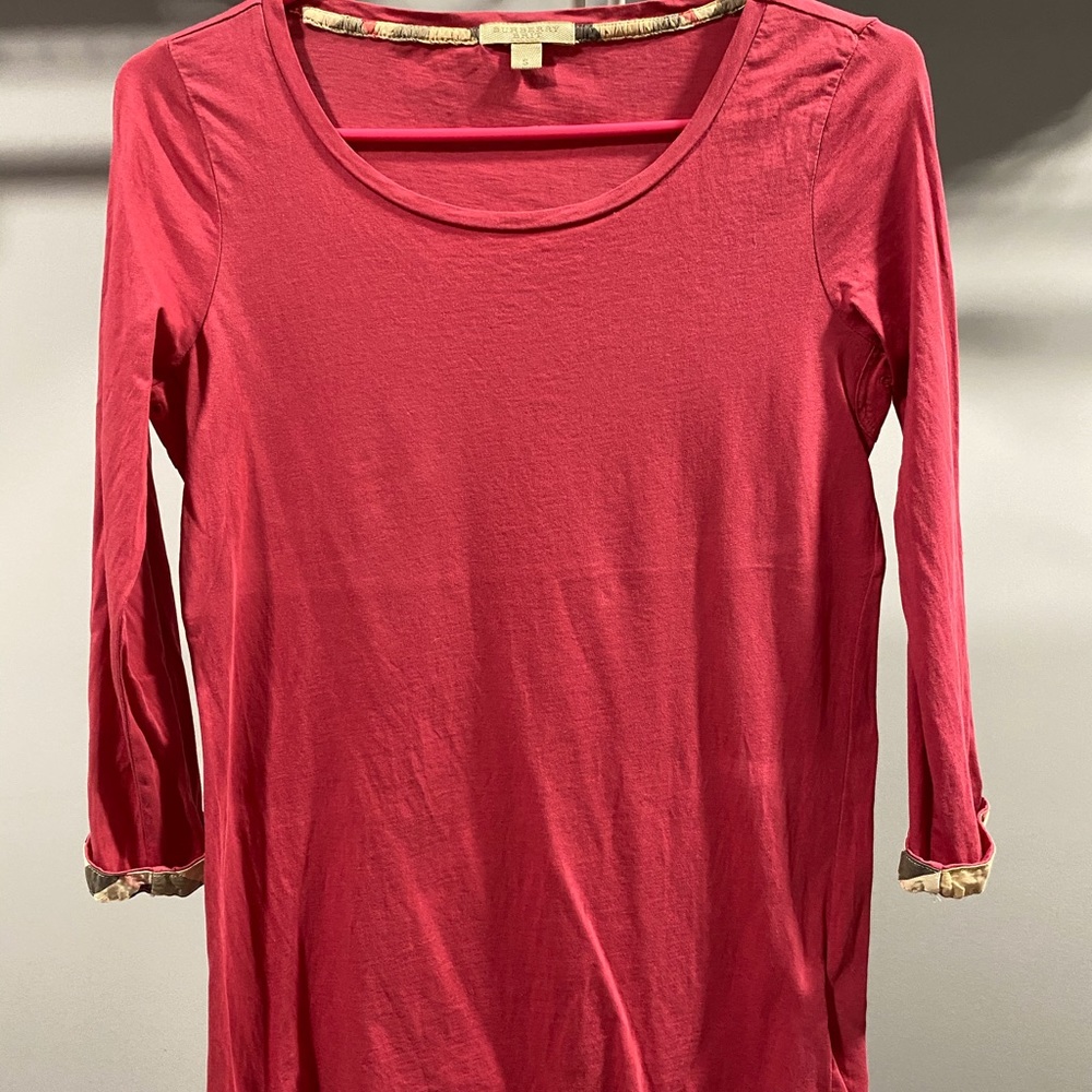 Burberry Brit Red Nova Plaid Longsleeve Tee Shirt Top Blouse Cotton Scoop Neck M
